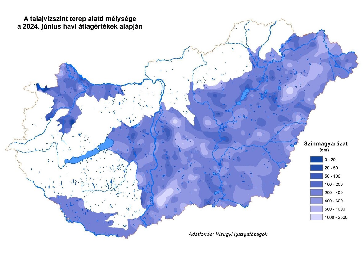 A talajvízszint terep alatti mélysége a 2024. június havi átlagértékek alapján
